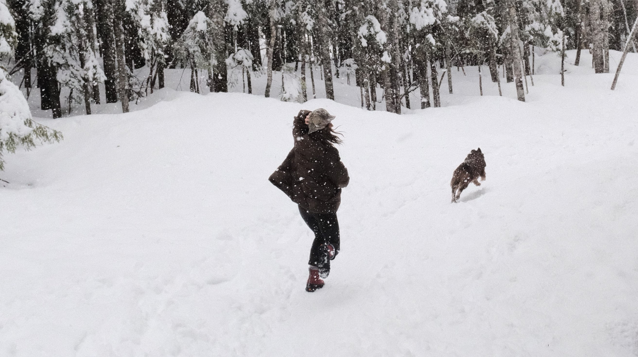 Image features the women's Cedar Quilt in the snow with a dog.