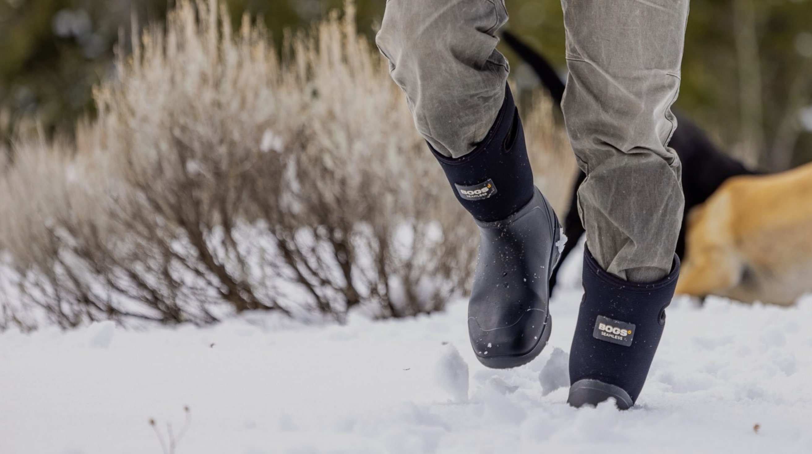 The image shown is of the Men's Bozeman tall insulated winter boots. The man is walking through the snow with his dogs in the background.