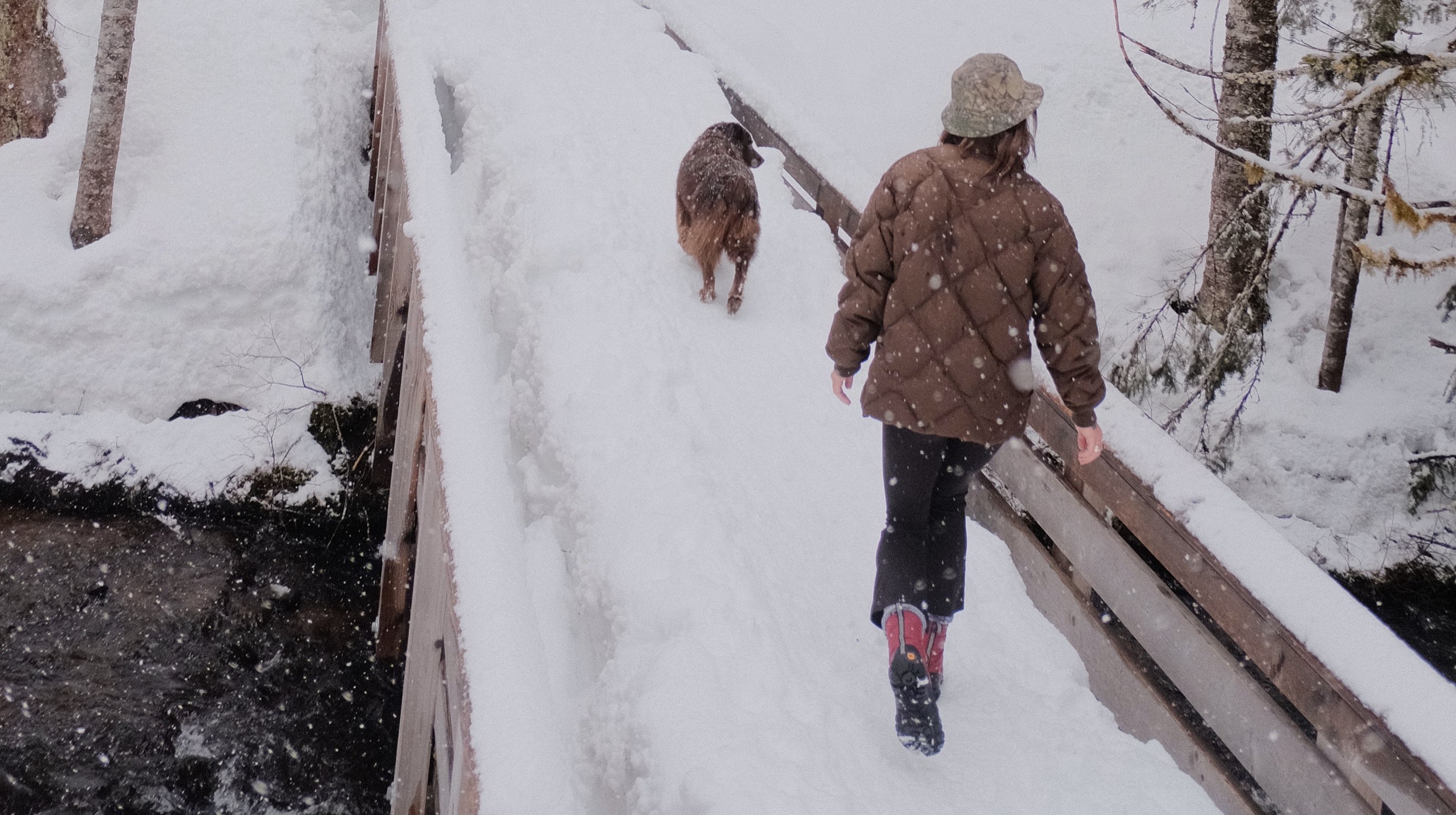 Image features the women's Cedar Quilt boot on a walk with a dog in the snow.