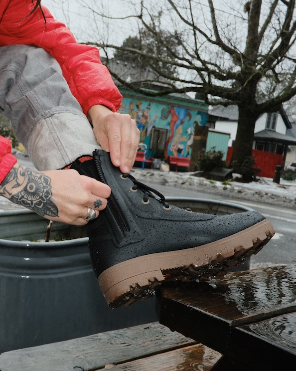 The image shown is a woman in a red jacket zipping up her Holly Rain Lace boots in black. The backdrop is on a winter urban street.