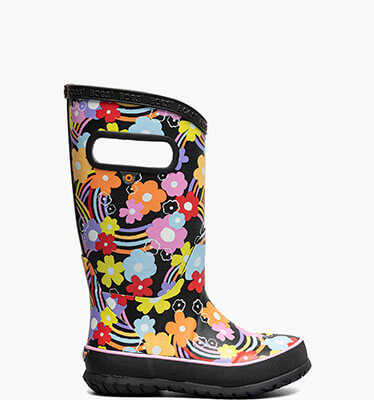 Rainboot Rainbow Flower Kids Rainboots in Black Multi for $44.99